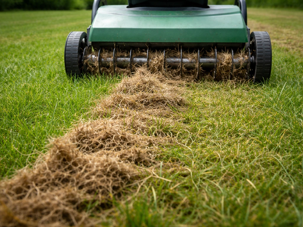 Hark/verticuteermachine die vilt en dood plantmateriaal uit een gazon haalt, met uitgeharkt materiaal zichtbaar op de gr