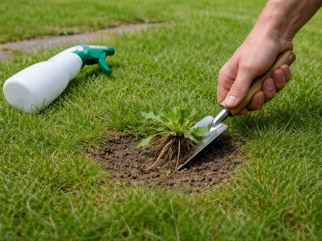 Buitenterras: tuinier steekt onkruid handmatig uit op een kale plek, met ernaast een spuitfles voor selectieve herbicide