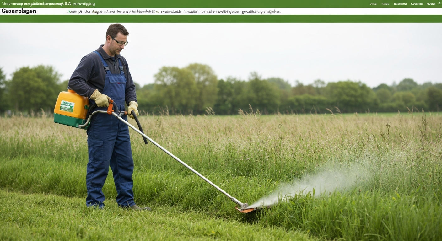 Professionele hovenier in beschermende kleding bespuit een Nederlands gazon/weide met een rugspuit tegen breedbladig onkruid.