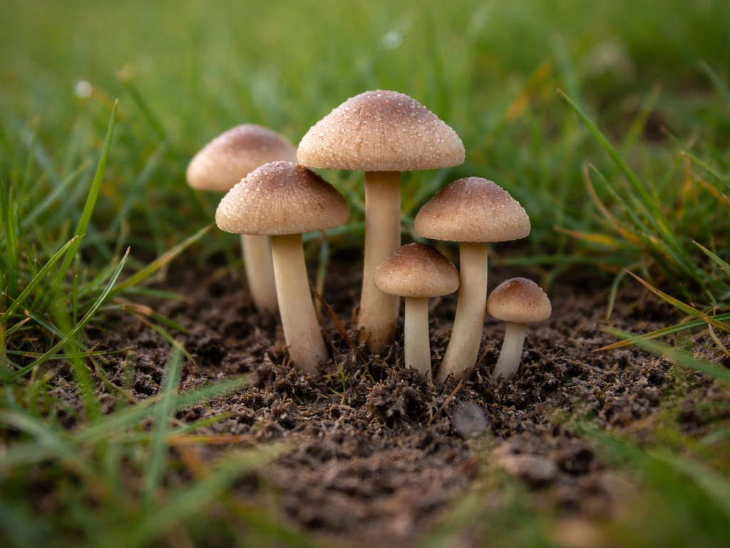 Close-up van paddenstoelen die uit het gras in een Nederlands gazon omhoog komen, met vochtige bodem zichtbaar.
