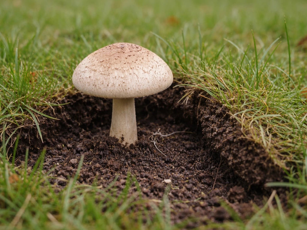 Close-up van een paddenstoel uit een gazon met losgetrokken zode die donkere, vochtige bodem toont.