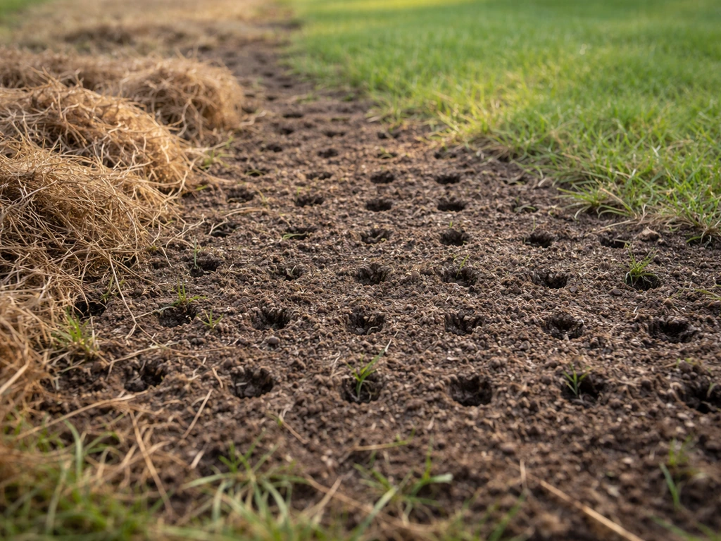 Close-up van losgemaakt vilt en zichtbare bodemstructuur na verticuteren/beluchten in een gazon