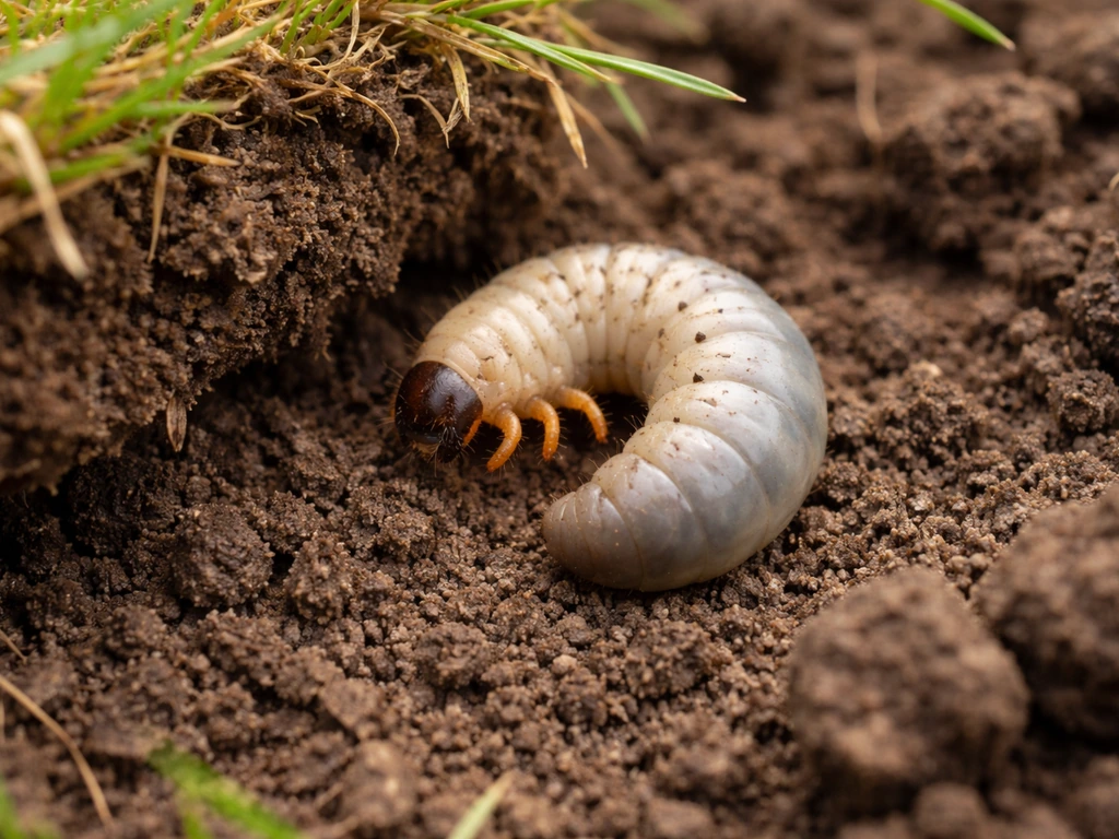 Close-up van C-vormige engerling in de grond naast losgetrokken graszode, met helder zichtbare kop en poten.