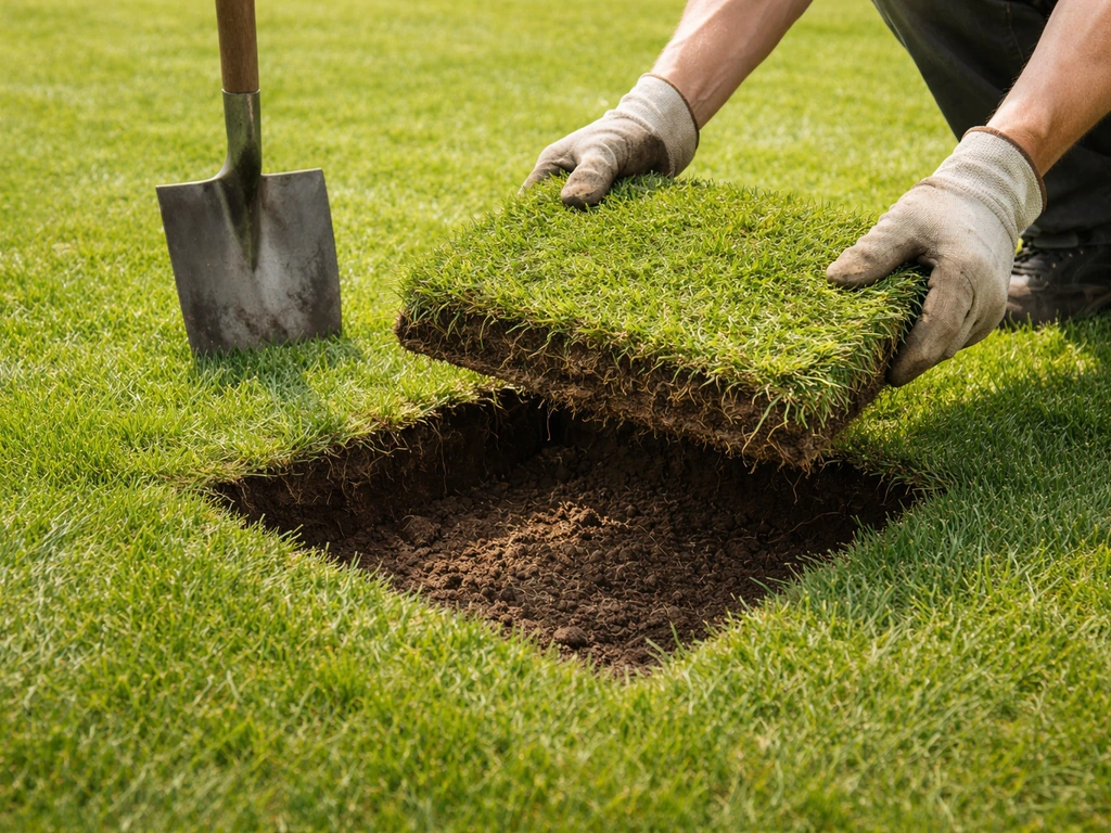 Iemand steekt een spade in het gazon en tilt een 30×30 cm zode op om de bodemlaag te inspecteren