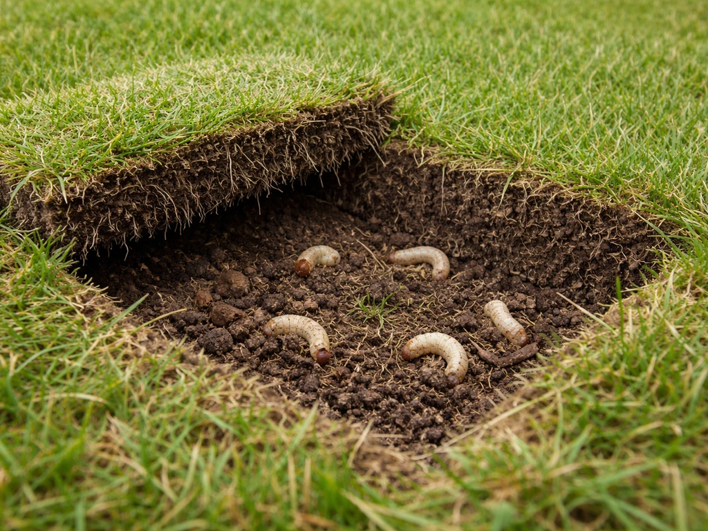 Uitgesneden graszode met zichtbare larven in de bodem, zode teruggelegd in een afgebakend vak op het gazon.