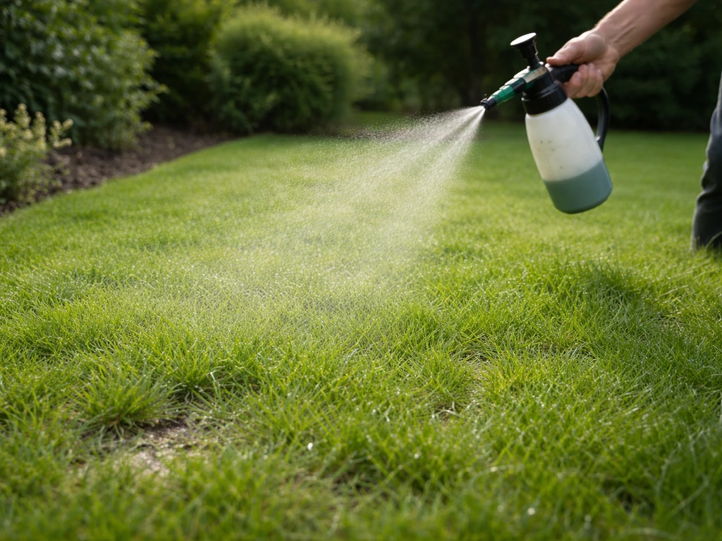 Tuinier die verdunde nematodenvloeistof met gieter/gieter-sproeier over vochtig gazon uitbrengt
