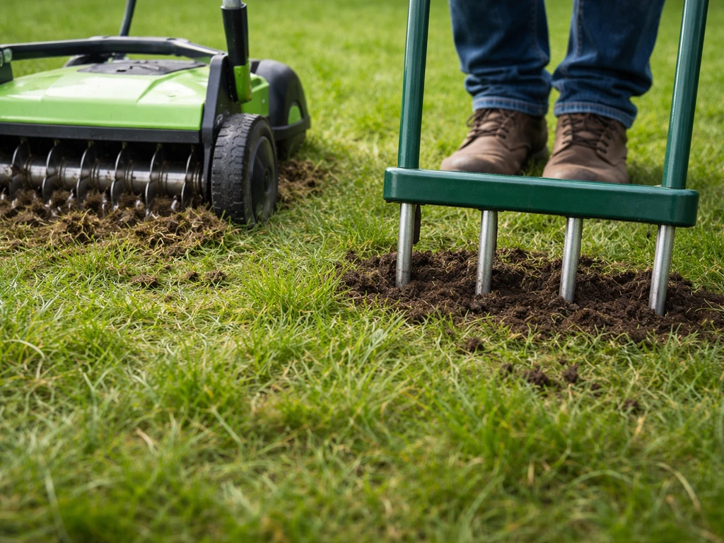 Verticuteerwerktuig en beluchtingspennen die in een licht vochtig gazon de grond in gaan.