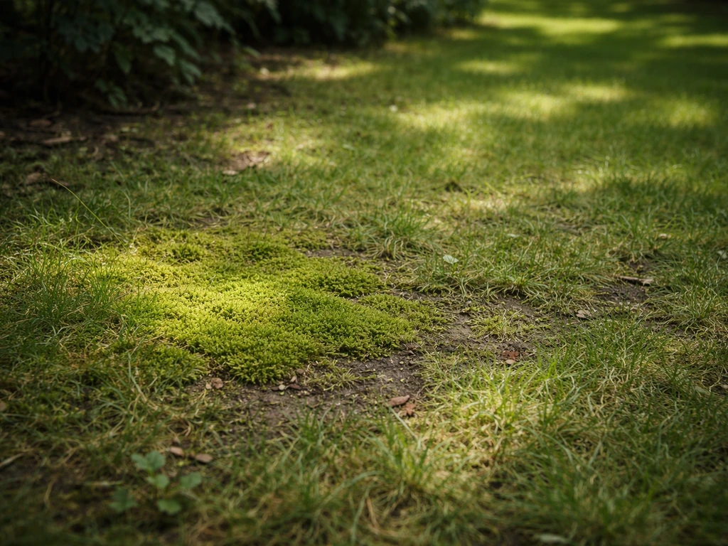 Mosplekken in het gazon onder bomen, met schaduwrijke vochtige grond en minder dicht gras.