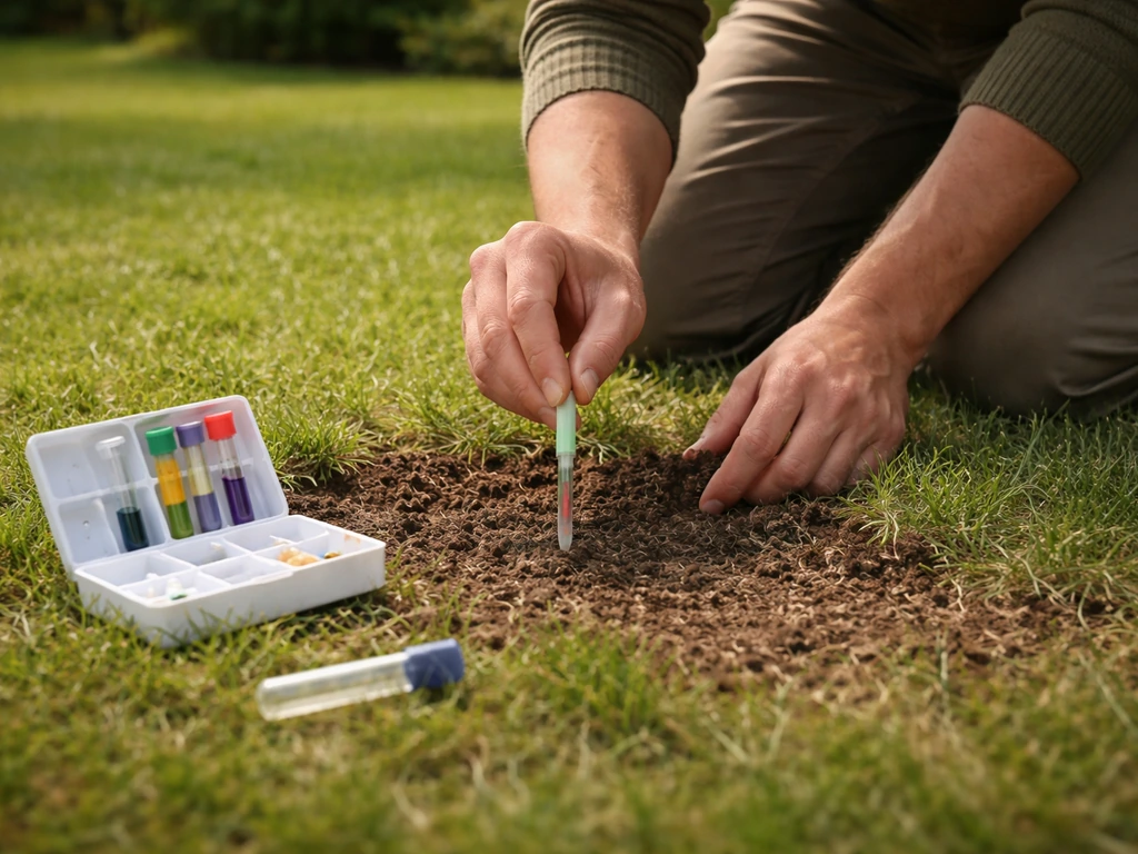 Tuinier meet de bodem-pH in het gazon met een eenvoudige testset en steekt de probe in de grond.
