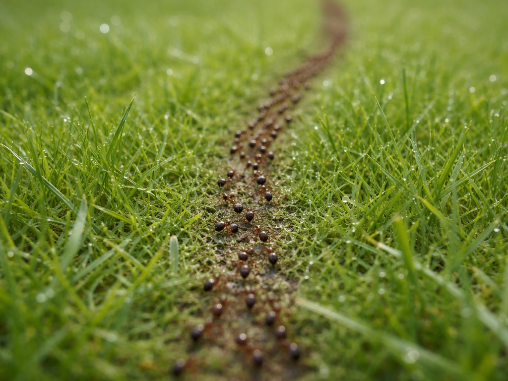 Close-up van mierenlooproute op groen gras, met zichtbare loopsporen en kleine mieren in focus.