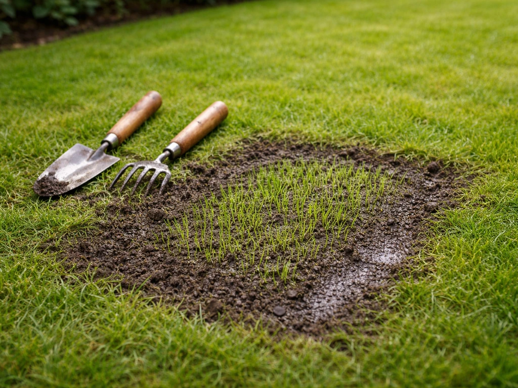 Herstelde plek op een gazon met vers bijgezaaid gras na omwoelen en water geven, in een tuin.