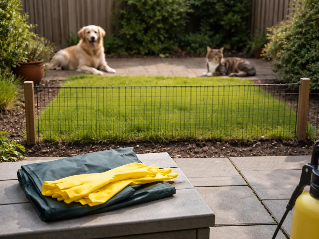 Veilige tuin met afgesloten grasperkje, zicht op huisdieren en handschoen/regenjas als waarschuwing voor spuiten