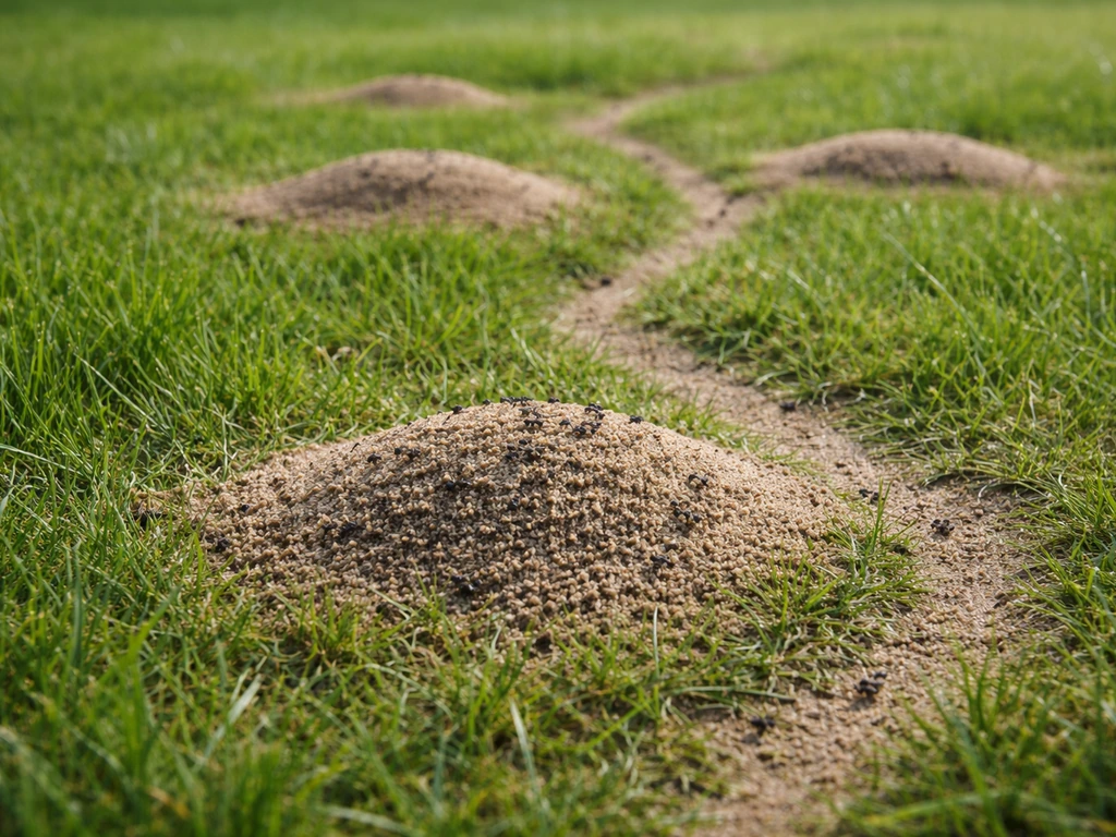 Kleine zandheuveltjes en zichtbare loopsporen van mieren in een gazon met kort gras.