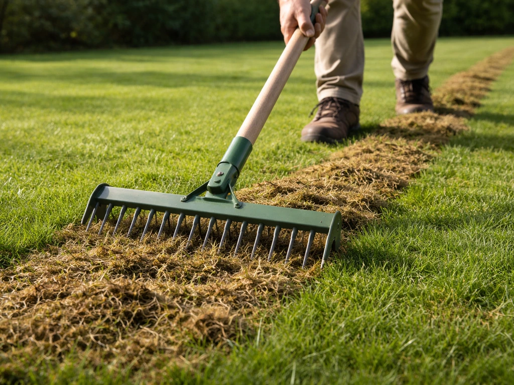 Handen die een verticuteerhark over een gazon trekken, met zichtbaar grasvilt langs het pad.