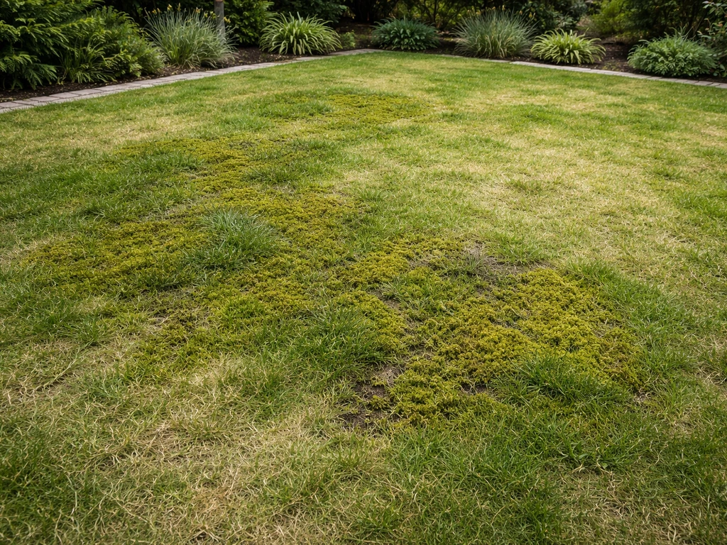 Buitenzijde van een Nederlands gazon met duidelijke mosplekken tussen het gras als ‘voor’-situatie.