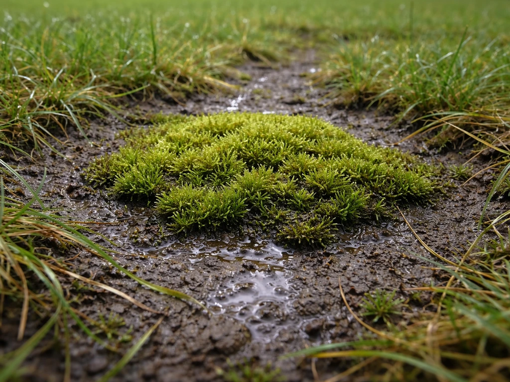 Mos op een verdichte, natte plek in het gazon waar gras dun en slap is