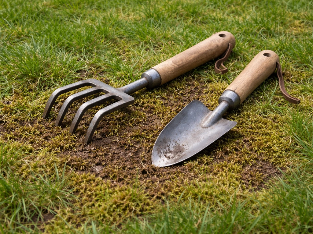 Stevig mosriek en handmatige tuinsteker op een kleine plek in het gazon met mosresten