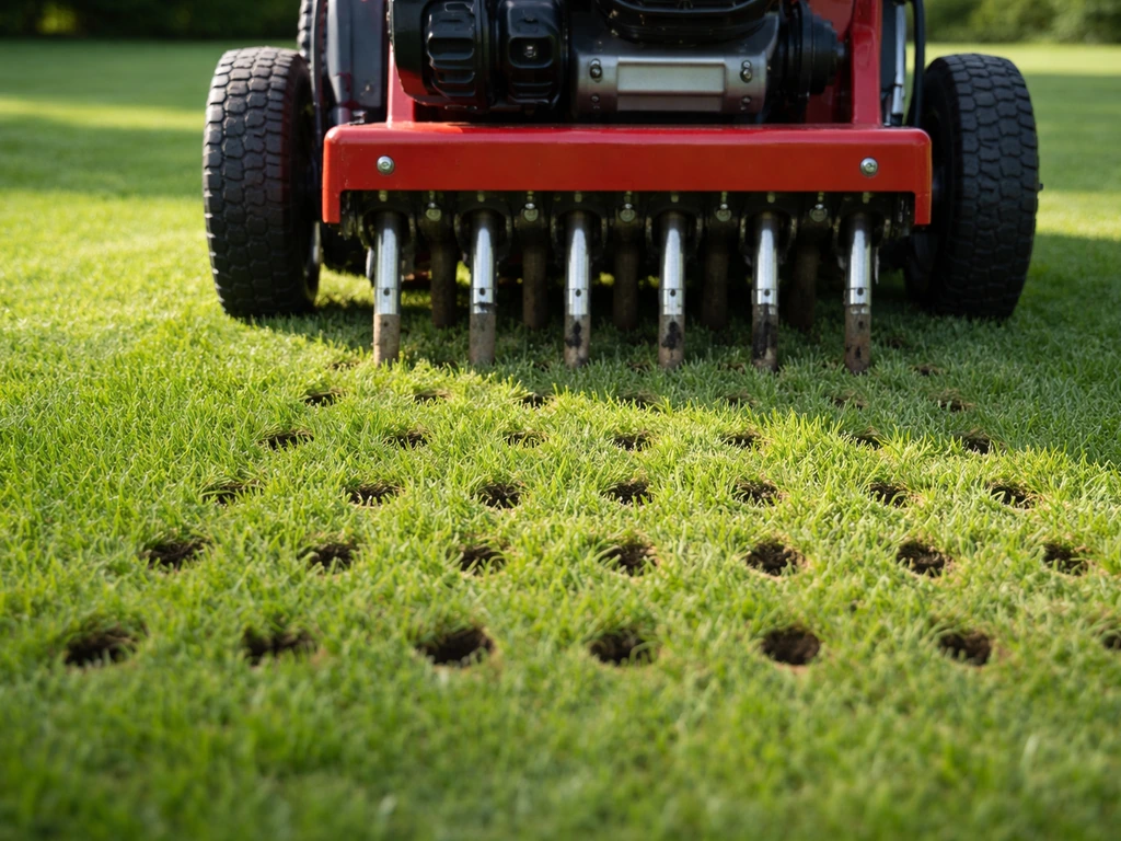 Houten grasveld met een beluchtingsmachine die met holle pennen gaten prikt in de grasmat