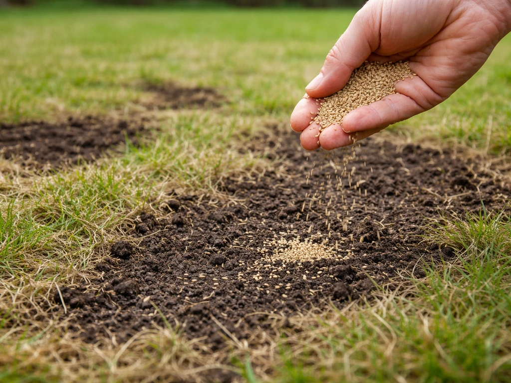 Anonieme hand strooit graszaad over kale plekken in het gazon na verticuteren.