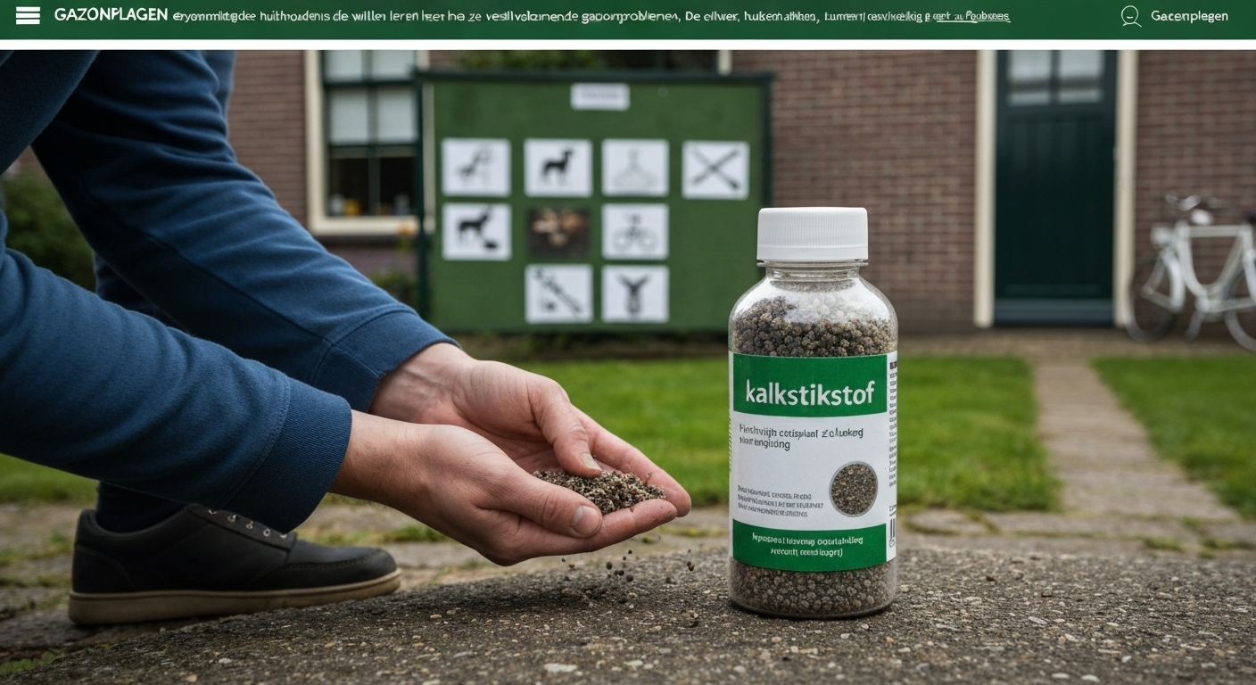 Pers met beschermende kleding strooit kalkstikstof met een strooier op een Nederlands gazon; waarschuwingsbord neer op de achtergrond.