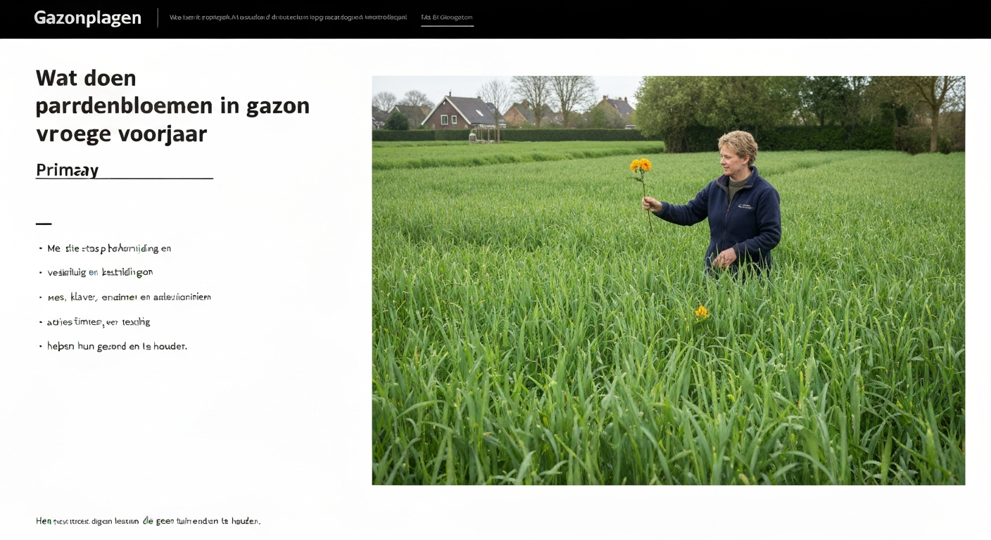 Persoon in Nederlandse achtertuin steekt een paardenbloem met penwortelsteker uit, zichtbare penwortel en vochtig gazon.