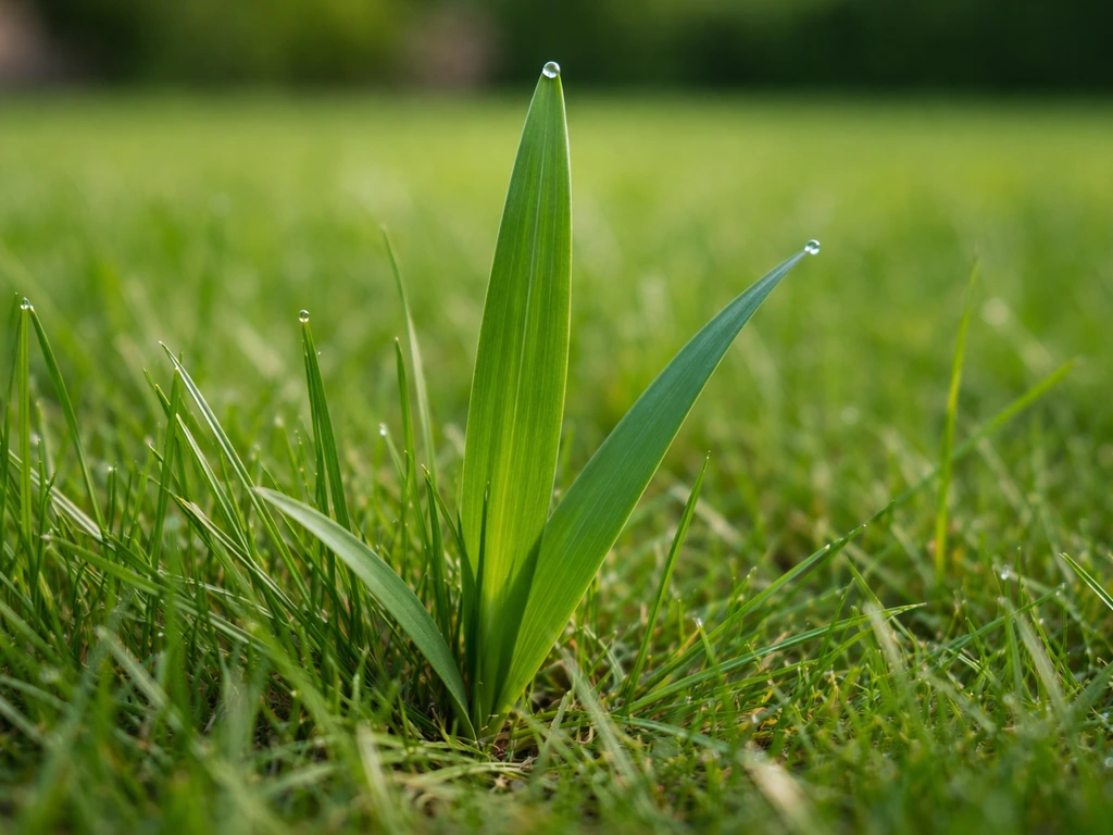 Close-up van kweekgras in het gazon, met scherp blad en groeipunt tussen normaal gras voor herkenning.