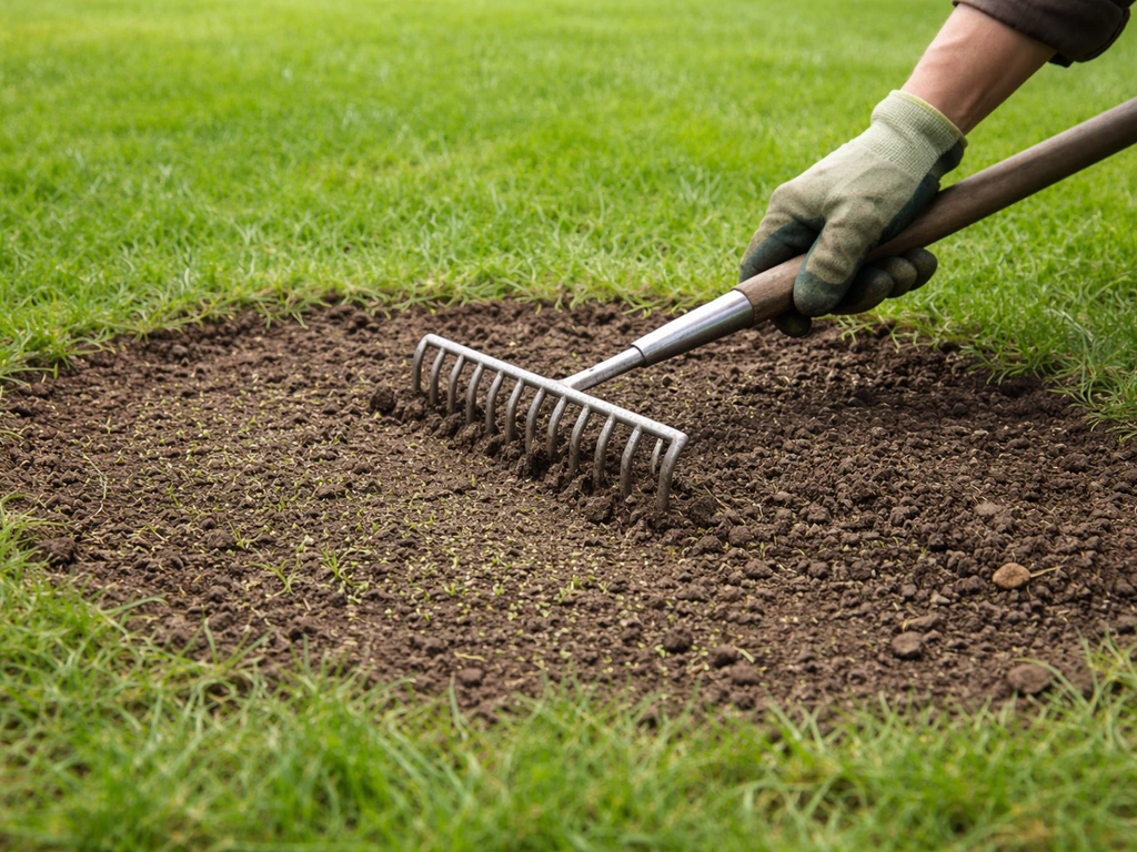 Tuinierhark maakt aarde los en zaait nieuw gras op een kale plek in het gazon