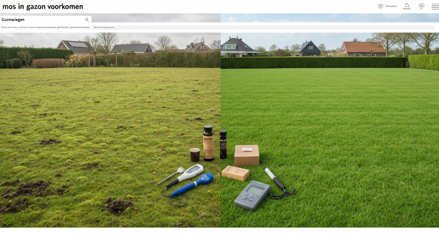 Splitbeeld: links mosrijk schaduwrijk gazon, rechts gezond donkergroen gazon; tuingereedschap in het midden.