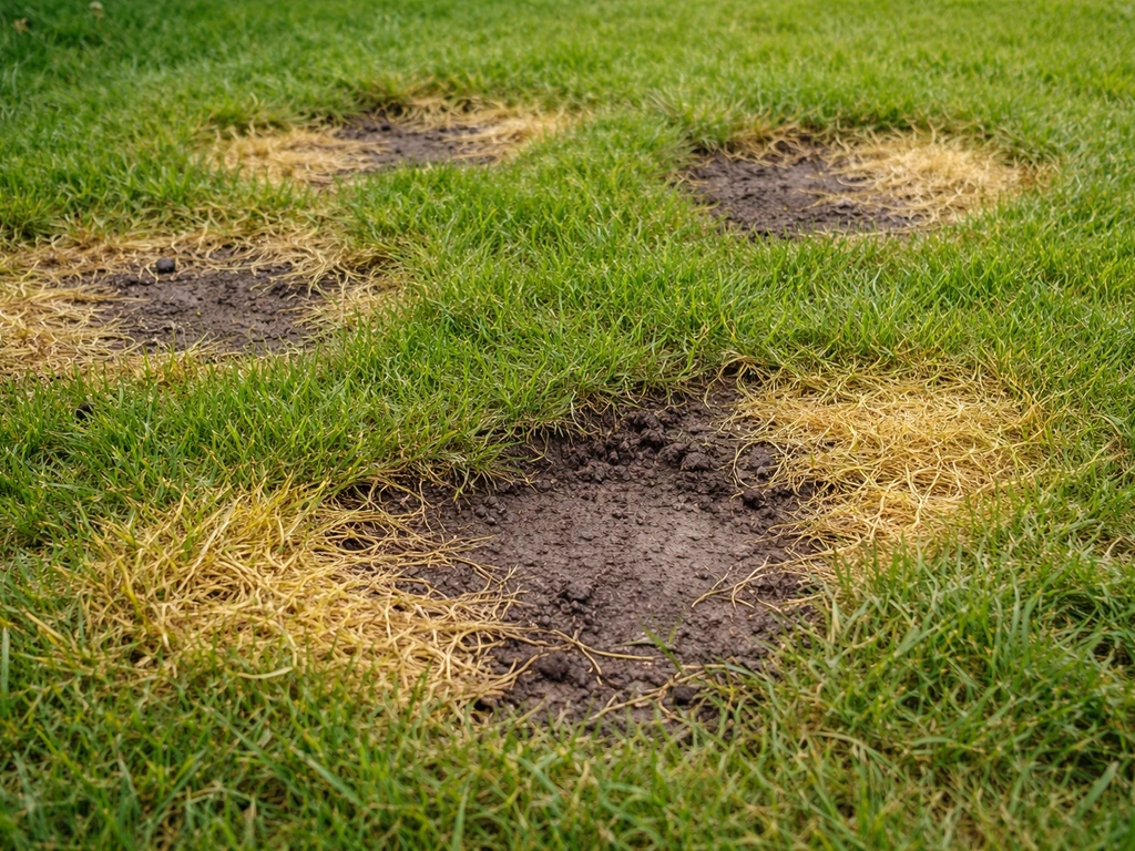 Close-up van een gazon met pleksgewijs geel en verdord gras dat kaal en los aanvoelt.