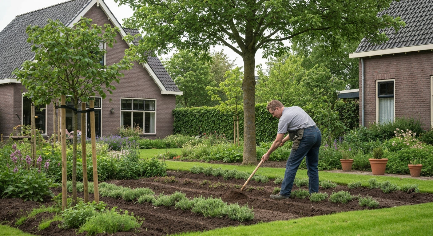 Tuinier strooit tuinkalk op een Nederlands gazon met kleine mosvlekjes; najaarssfeer, achtergrond huis en schutting.