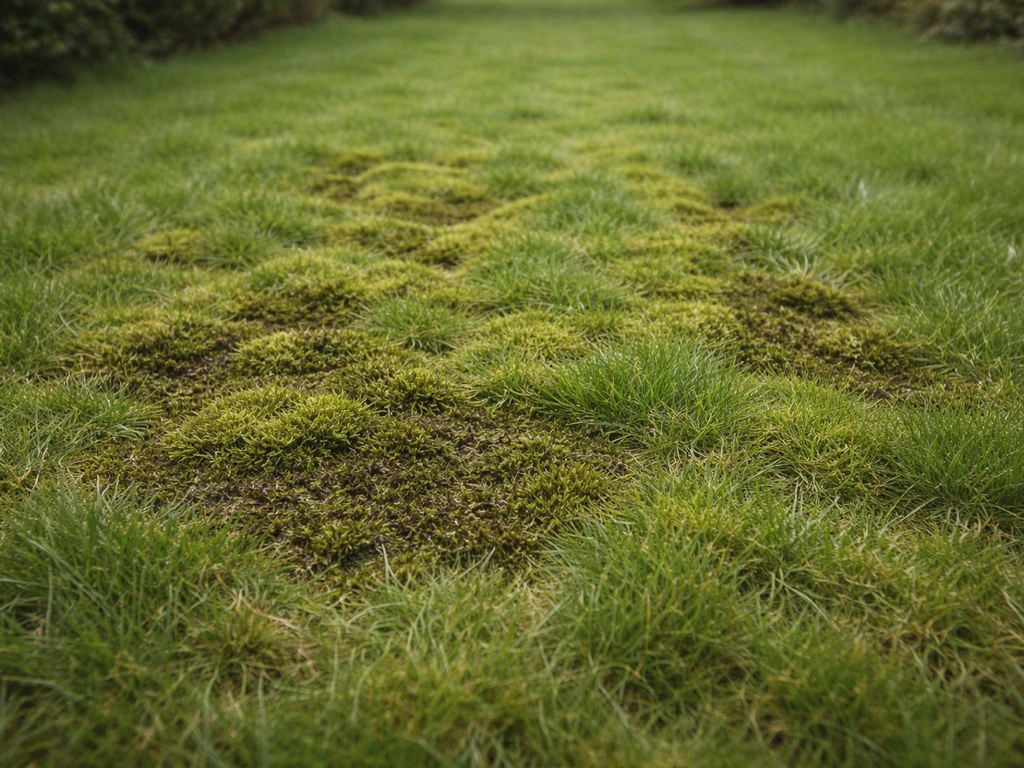 Vooruitzicht van een Nederlands gazon met duidelijke mosplekken en ertussen nog gras, alsof je nu ingrijpt.