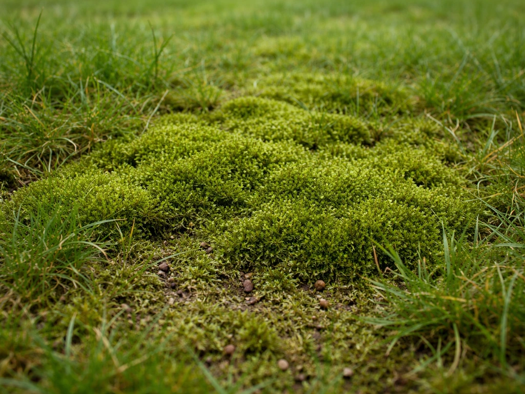 Close-up van mos dat dicht tussen het gras groeit op een gazon, als duidelijk zichtbaar probleem.