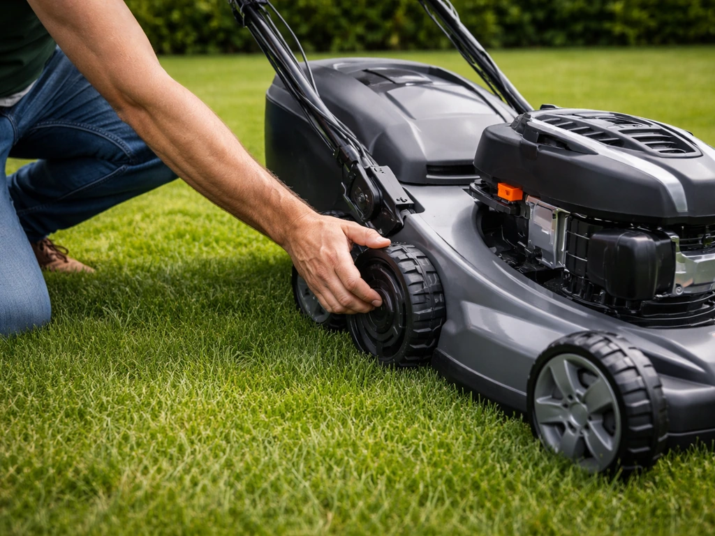 Iemand stelt de maaihoogte van een grasmaaier af terwijl het gazon rond 4–5 cm hoog is.