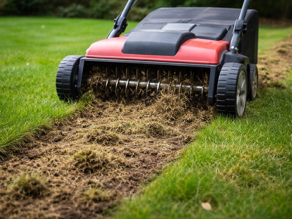 Tuin met graszode terwijl een verticuteermachine vilt en verdichte bovenlaag losmaakt