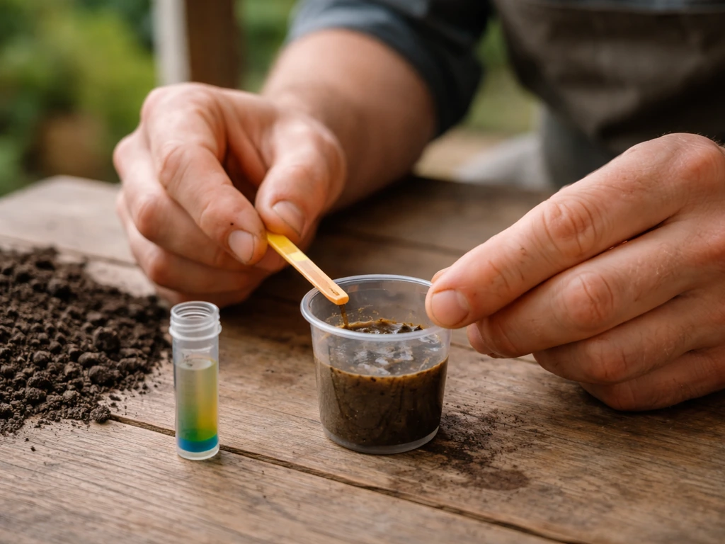 Tuinier meet pH-waarde van bodem met een eenvoudige testkit op tafel, als basis voor kalken.