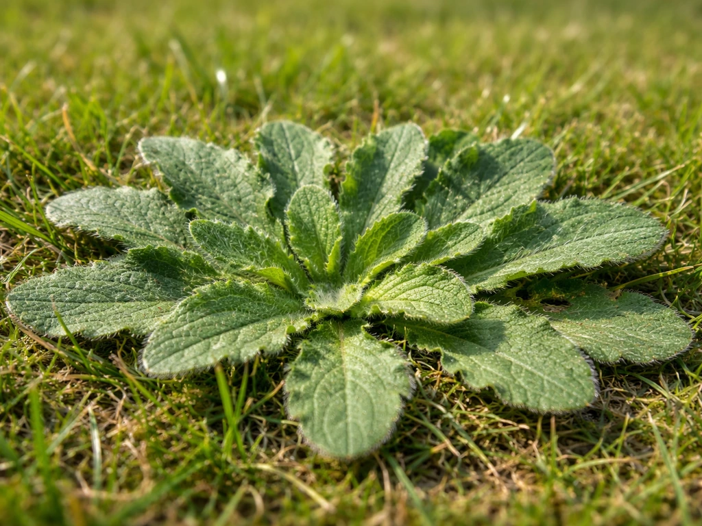 Close-up van biggenkruidrozet in het gazon, met zichtbare behaarde bladeren en omliggend kort gras.