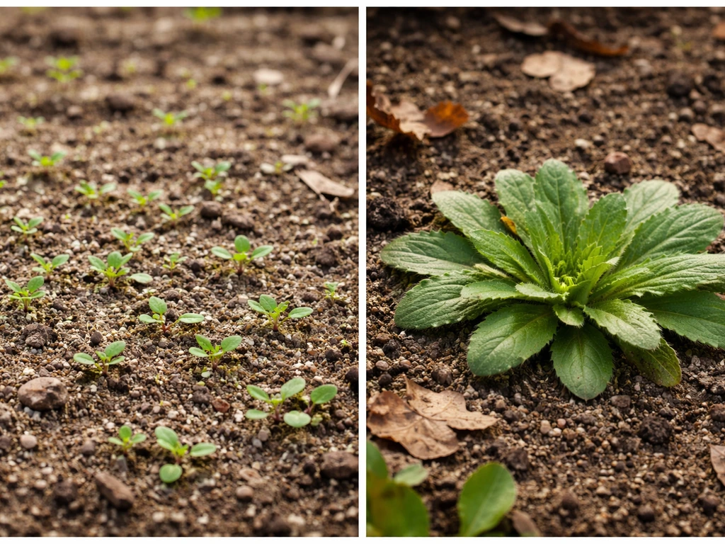 Biggenkruid naast elkaar in kiemplantjes (voorjaar) en rozet/uitlopers (najaar) in een tuinbodem.