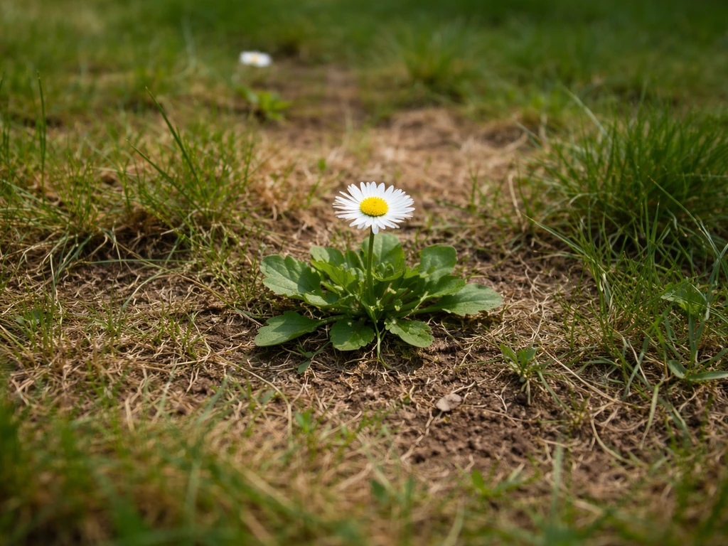 Close-up van een madeliefje tussen ijl en verdicht gazon met zichtbare zwakke plekken in het gras.