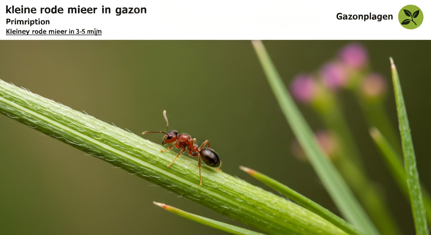 Close-up van een kleine rode mier (Myrmica rubra) op een grasspriet in een Nederlands gazon, met schaalreferentie (1 eurocent) en zichtbare petiole-knopen.