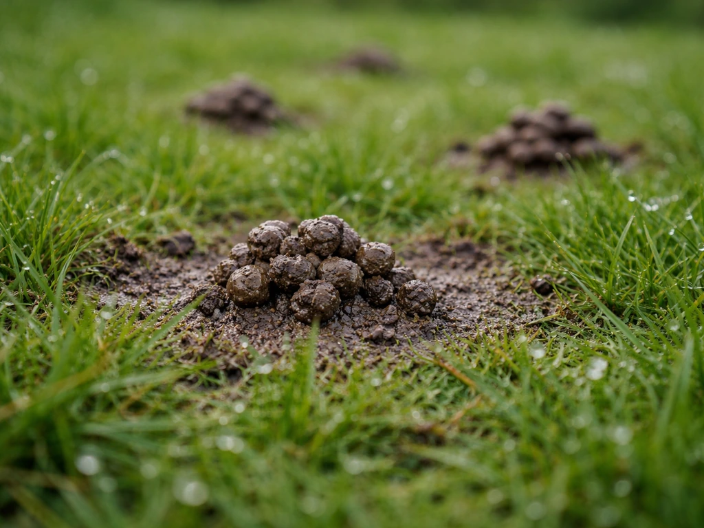 Close-up van kleine modderige zandhoopjes in het gras na regen, met sporen van regenwormactiviteit.