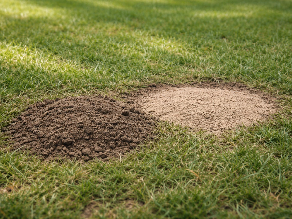 Platgedrukte molshoop en gevulde verzakte plek in een tuin-gazon, met natuurlijk licht.