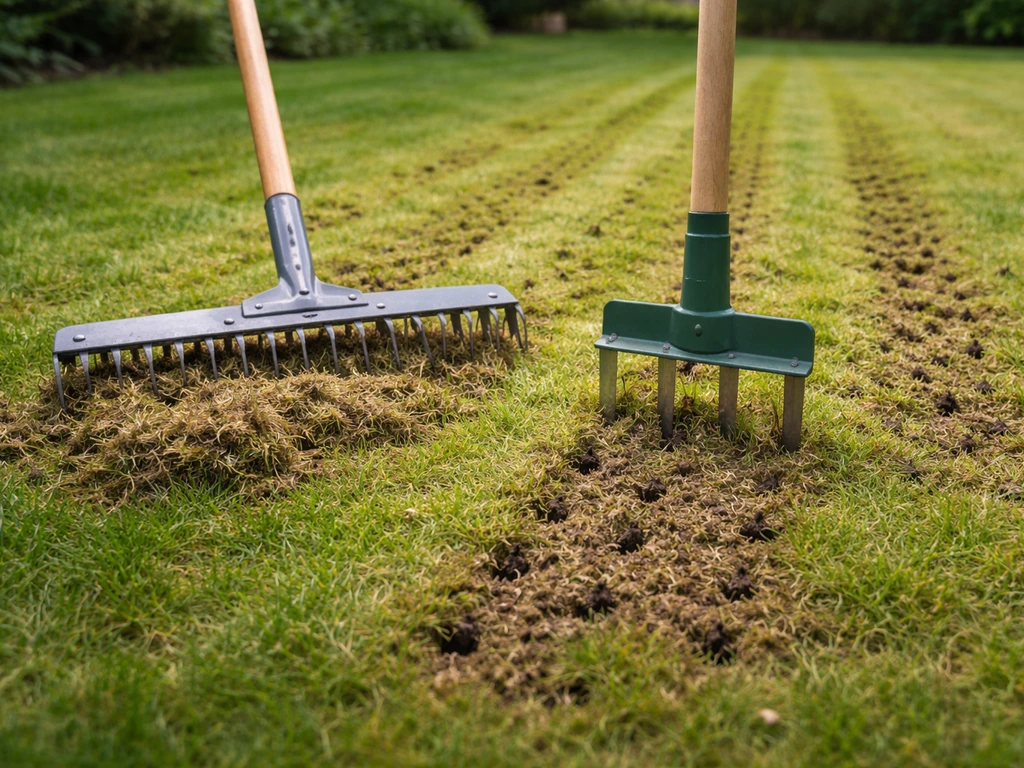 Tuinier tuingereedschap prikt en verticuteert gazon; zichtbare prikgaten en losgemaakte grasmat na onderhoud