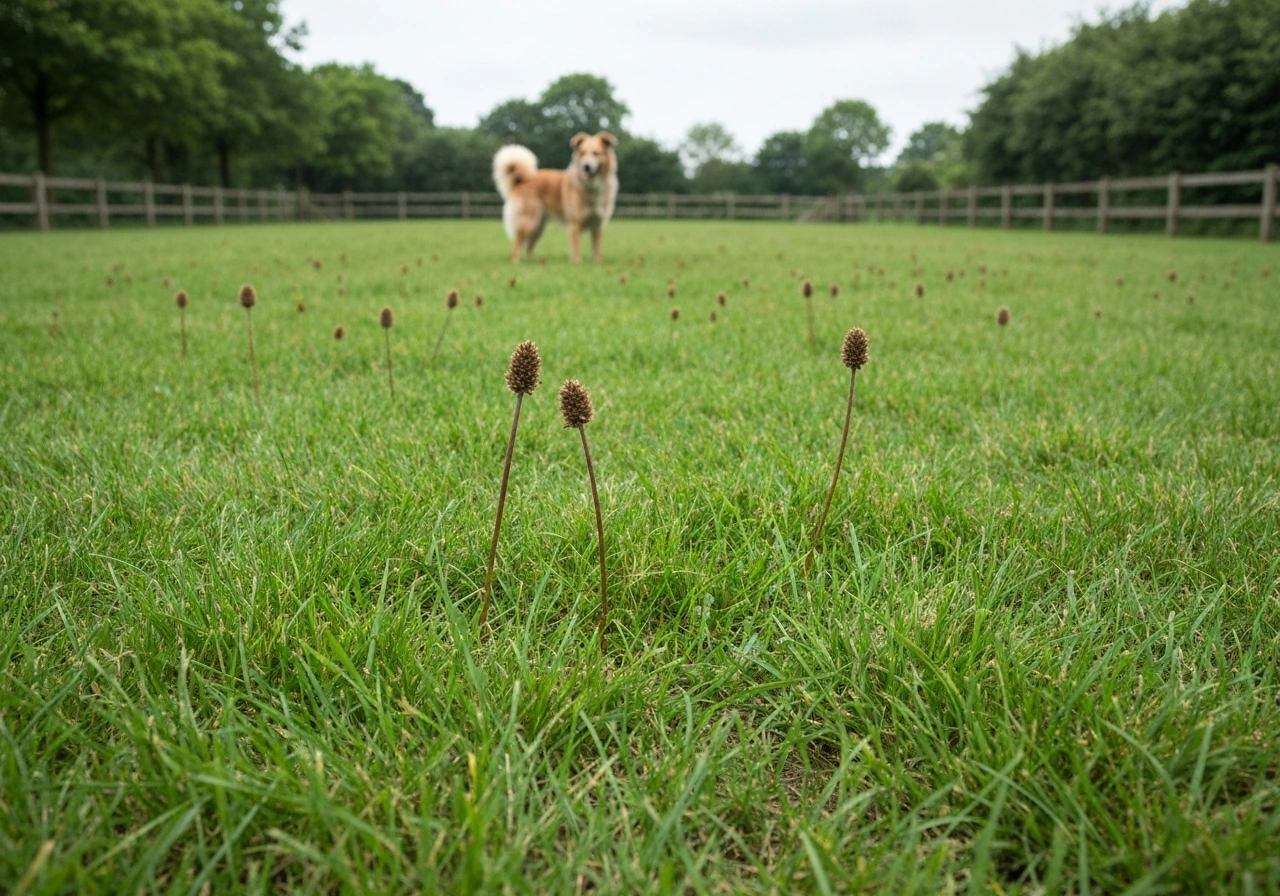 Bruine paddenstoelen tussen het gras in een Nederlands gazon, met een hond buiten bereik op de achtergrond