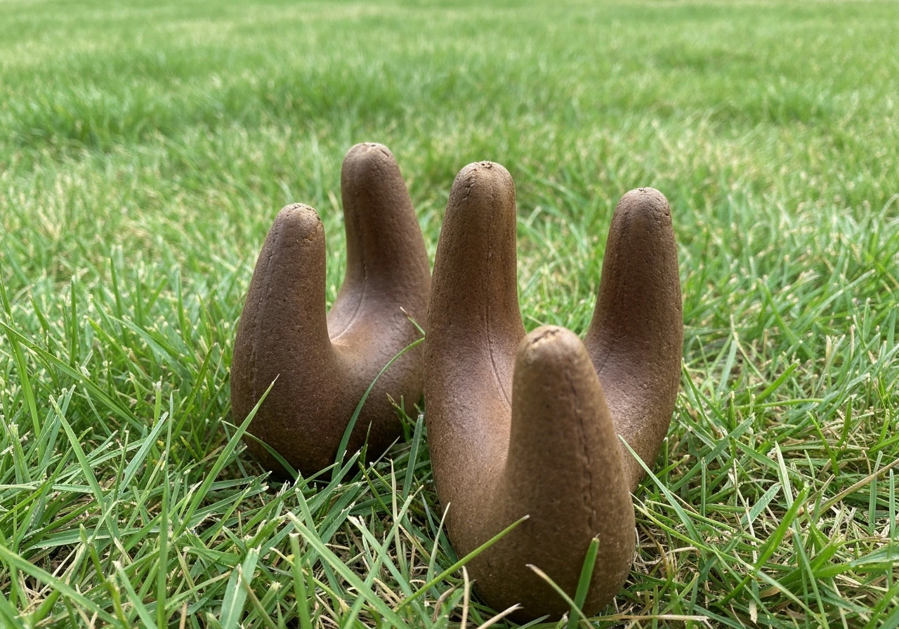 Bruine paddenstoelen in kort gras van een gazon, dicht op de textuur en steeltjes.