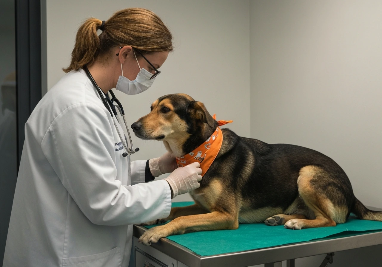 Hond wordt onderzocht in dierenartspraktijk na mogelijke inname; dierenarts controleert rustig de buik.