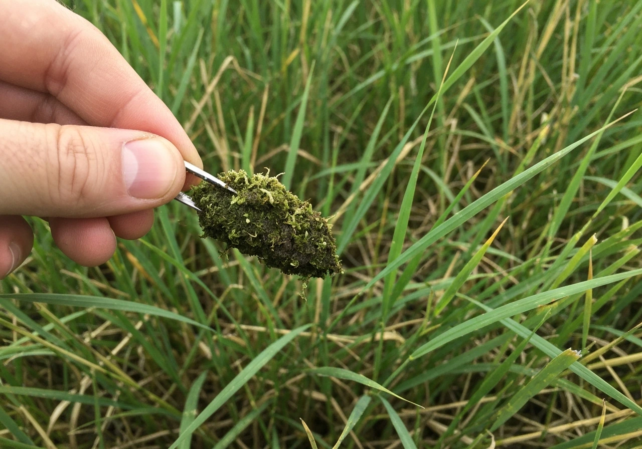 Close-up van viltlaag in het gazon die met een harkje wordt verwijderd.
