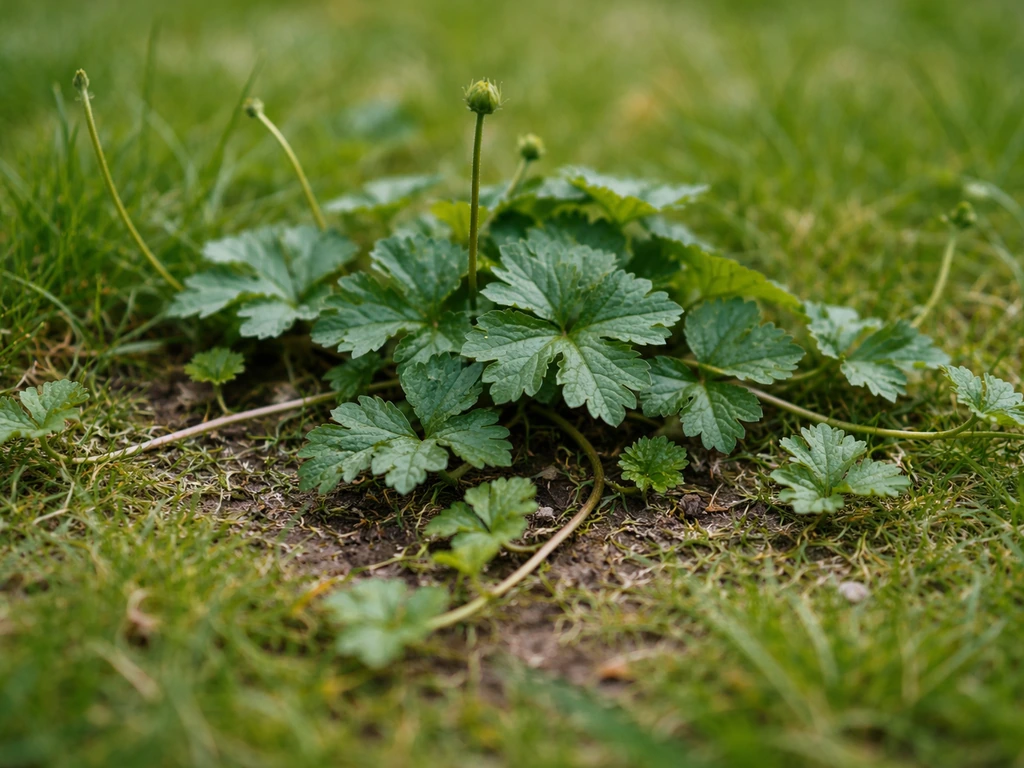 Close-up van kruipende boterbloem tussen het gazon, met aandacht voor blad en kruipende uitlopers.