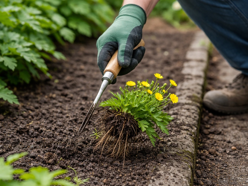 Iemand steekt boterbloemen mechanisch uit met een onkruidsteker; natte grond en zicht op wortels