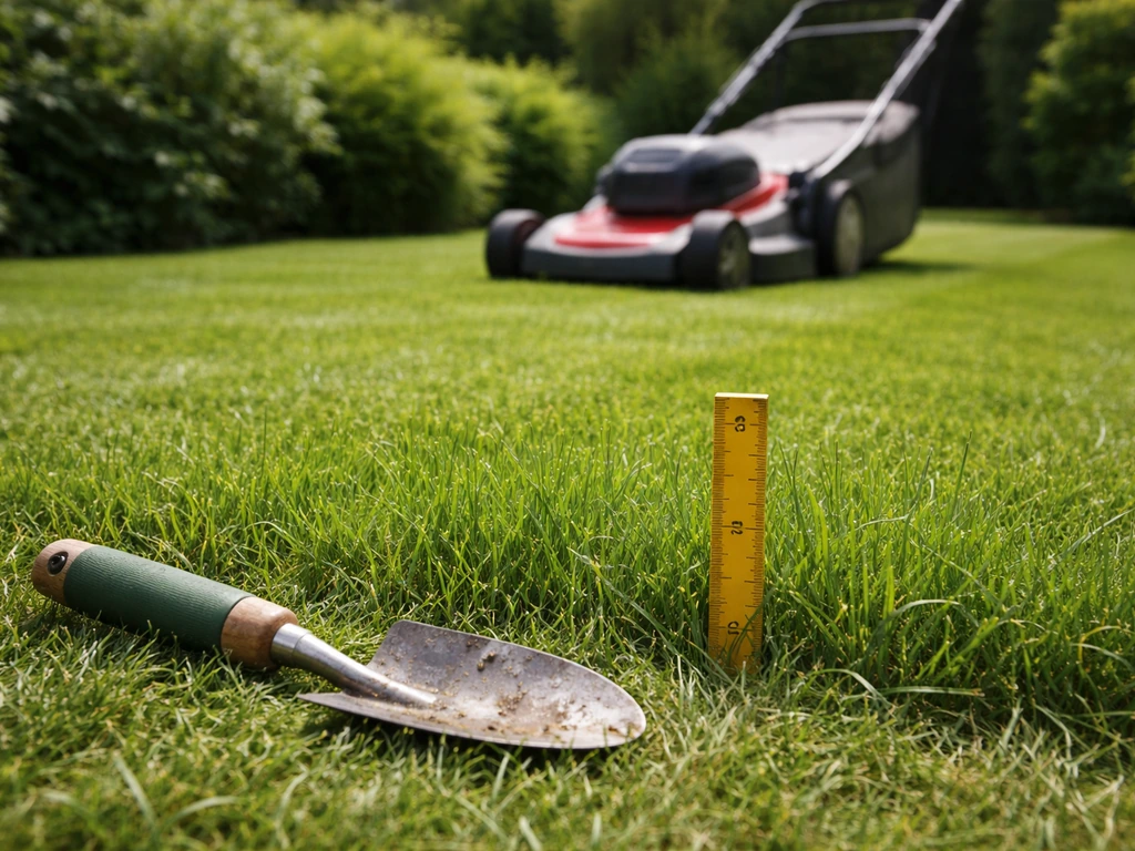 Gazon in een tuin met meetlatje als referentie en een grasmaaier die op juiste maaihoogte maait.