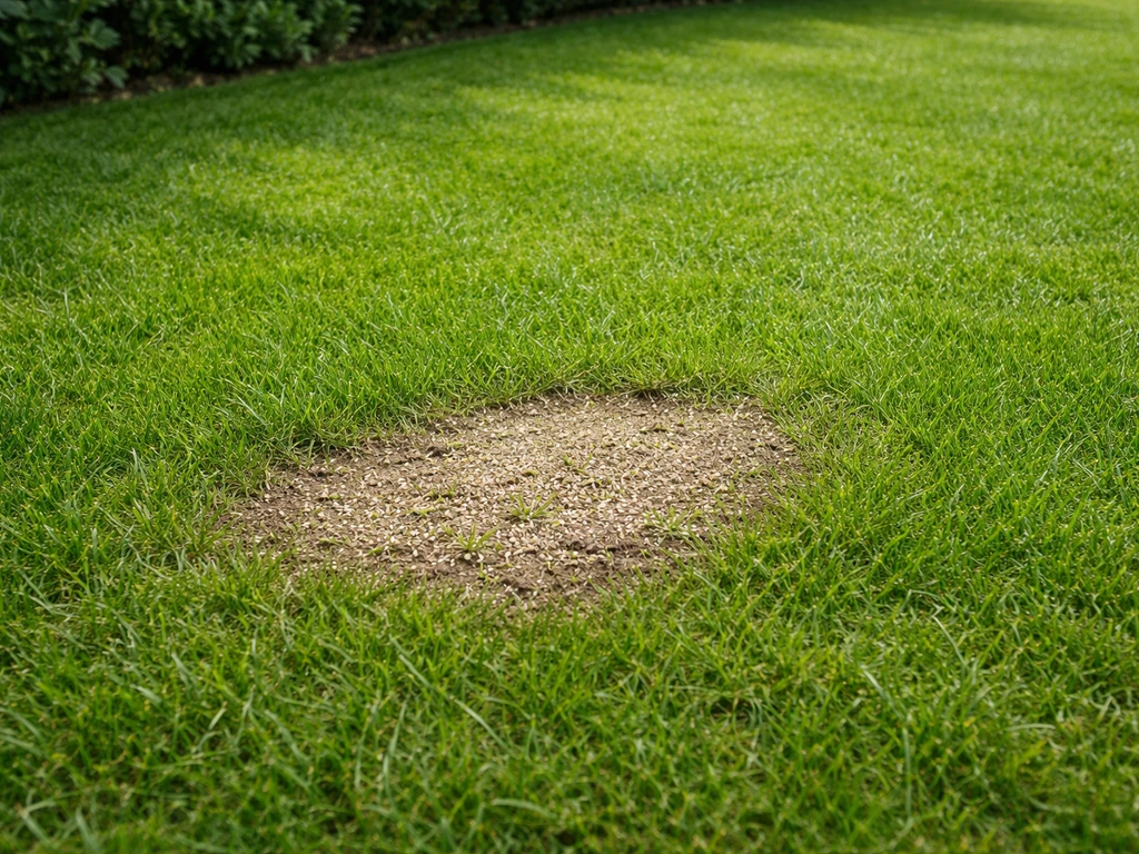 Dichte, groene grasmat met een kleine kaalplekvlek en licht doorzaaiafval voor boterbloempreventie
